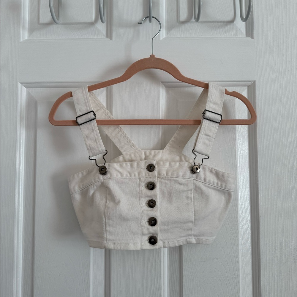 Kendall & Kylie Cream Jean Buttoned Crop Top - Picture 1 of 2